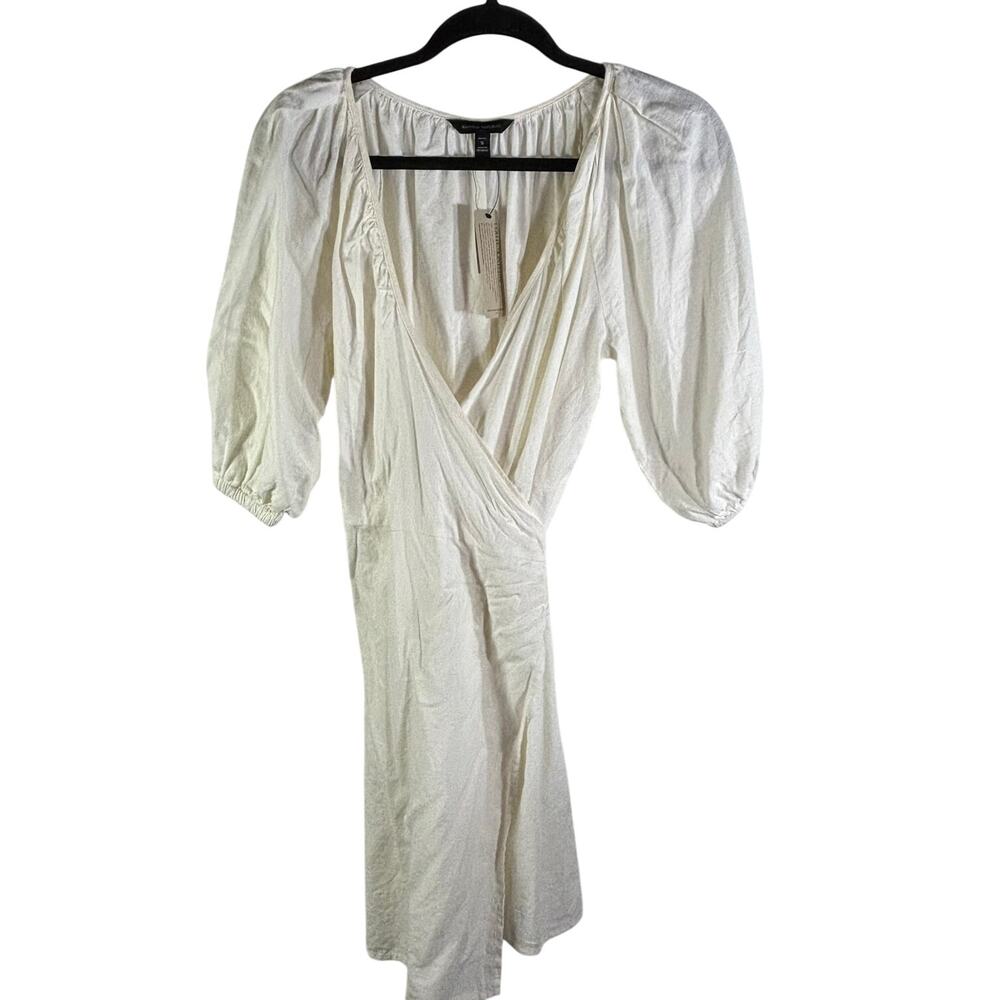 Banana Republic Petite S Cream Linen Blend Wrap Dress Puff Sleeve NWT SP